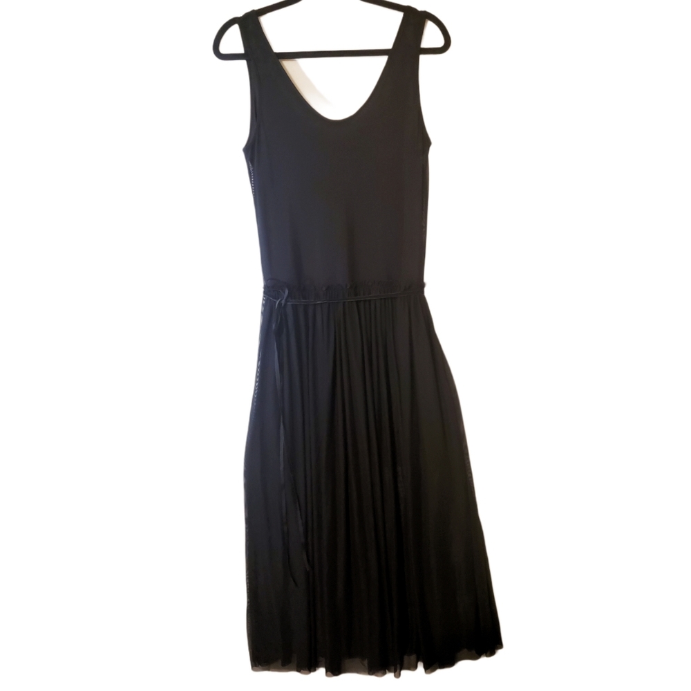 K/Lab Black Tank Dress Sheer Overlay Gather Waist